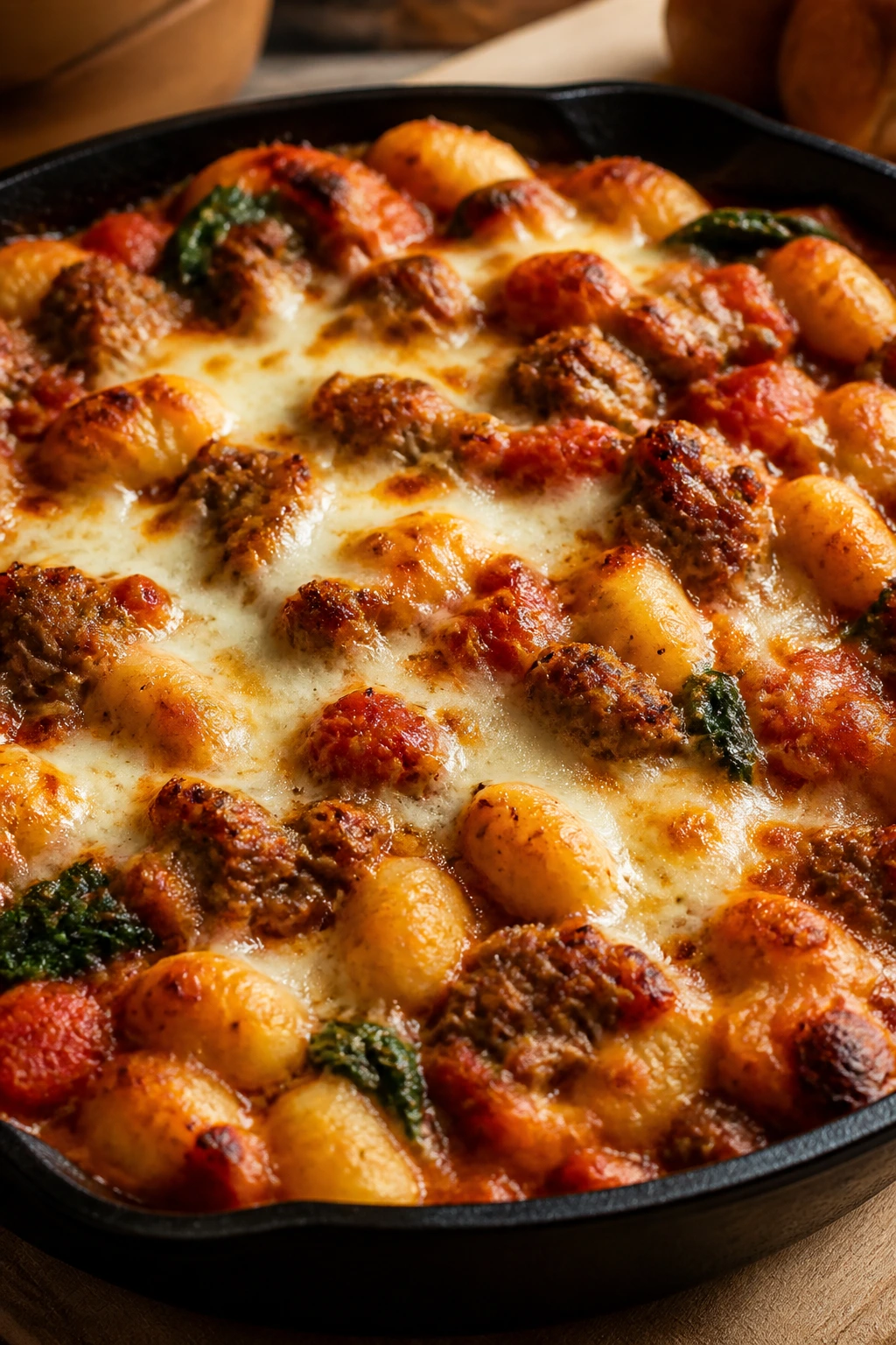 Close-up of sausage gnocchi bake with tomato and mozzarella
