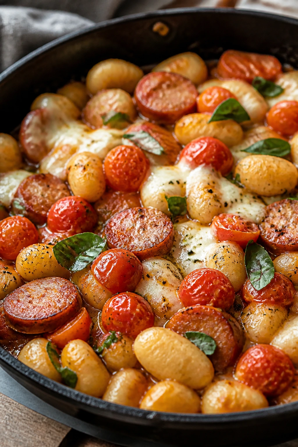 Gnocchi with smoked sausage and cherry tomatoes in a skillet