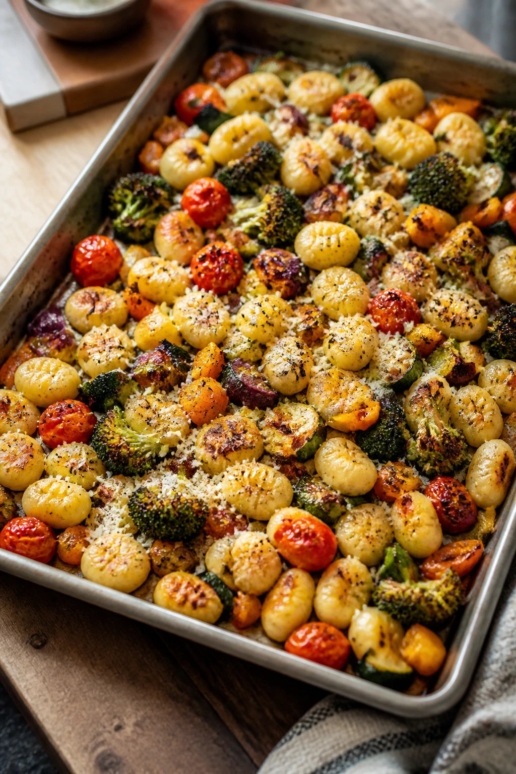 Sheet pan gnocchi with roasted vegetables on a pan in a real kitchen