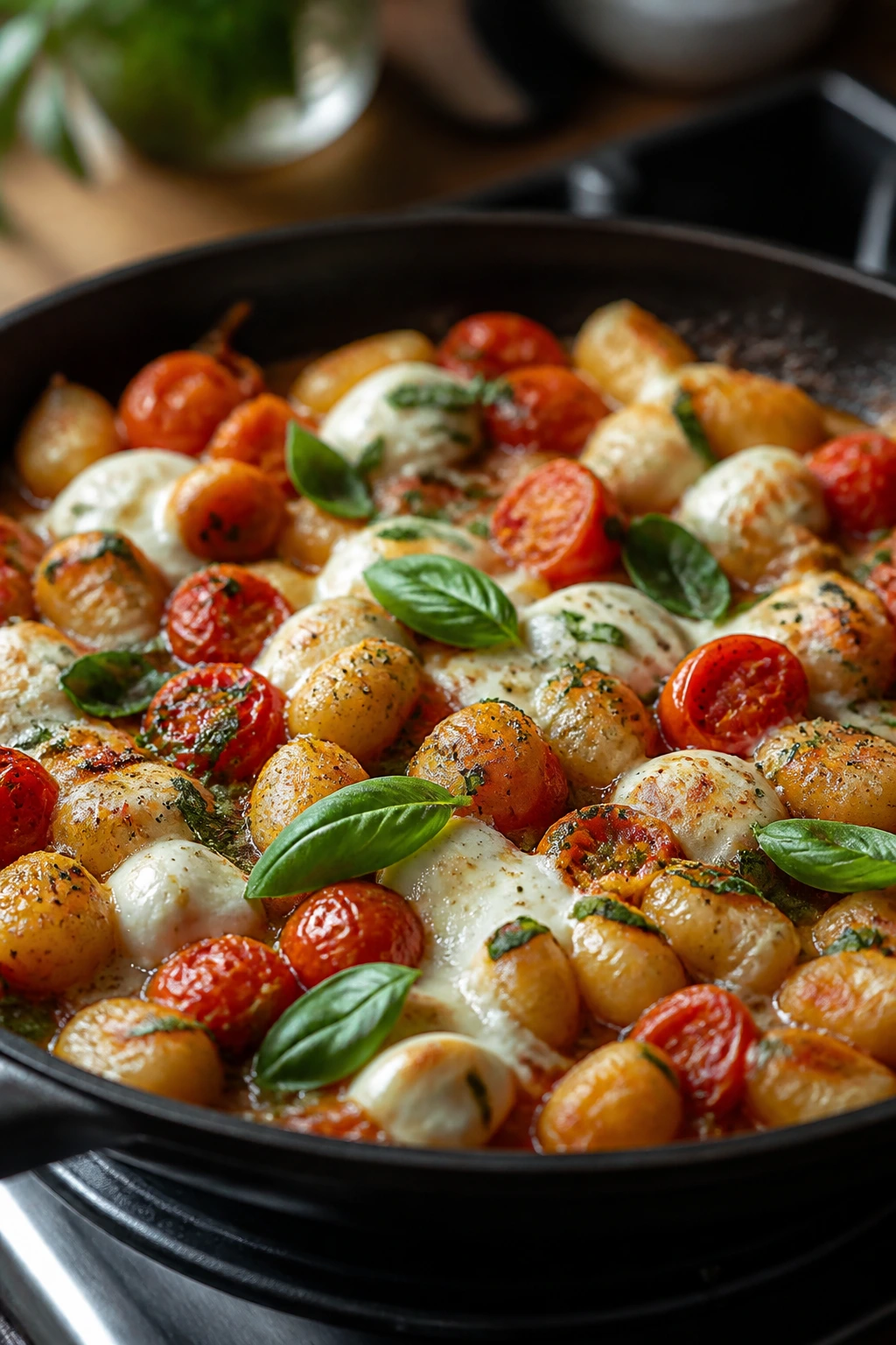Caprese gnocchi skillet with tomatoes mozzarella and basil