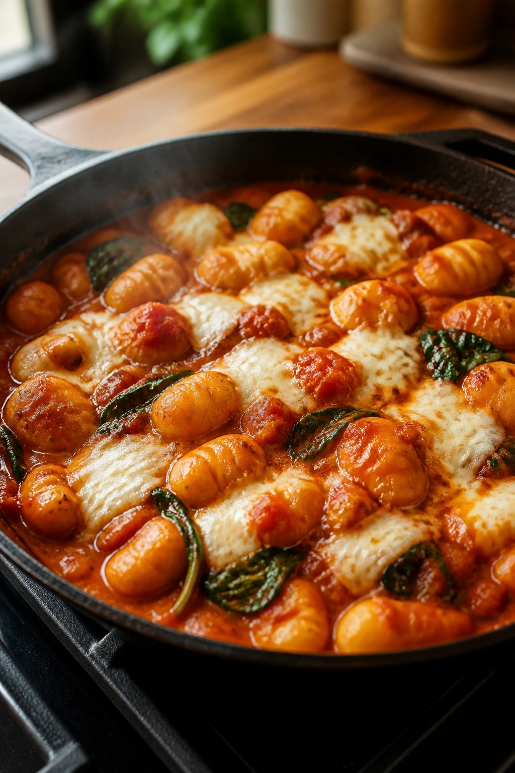 Close-up of gnocchi in tomato sauce with melted mozzarella in a home kitchen