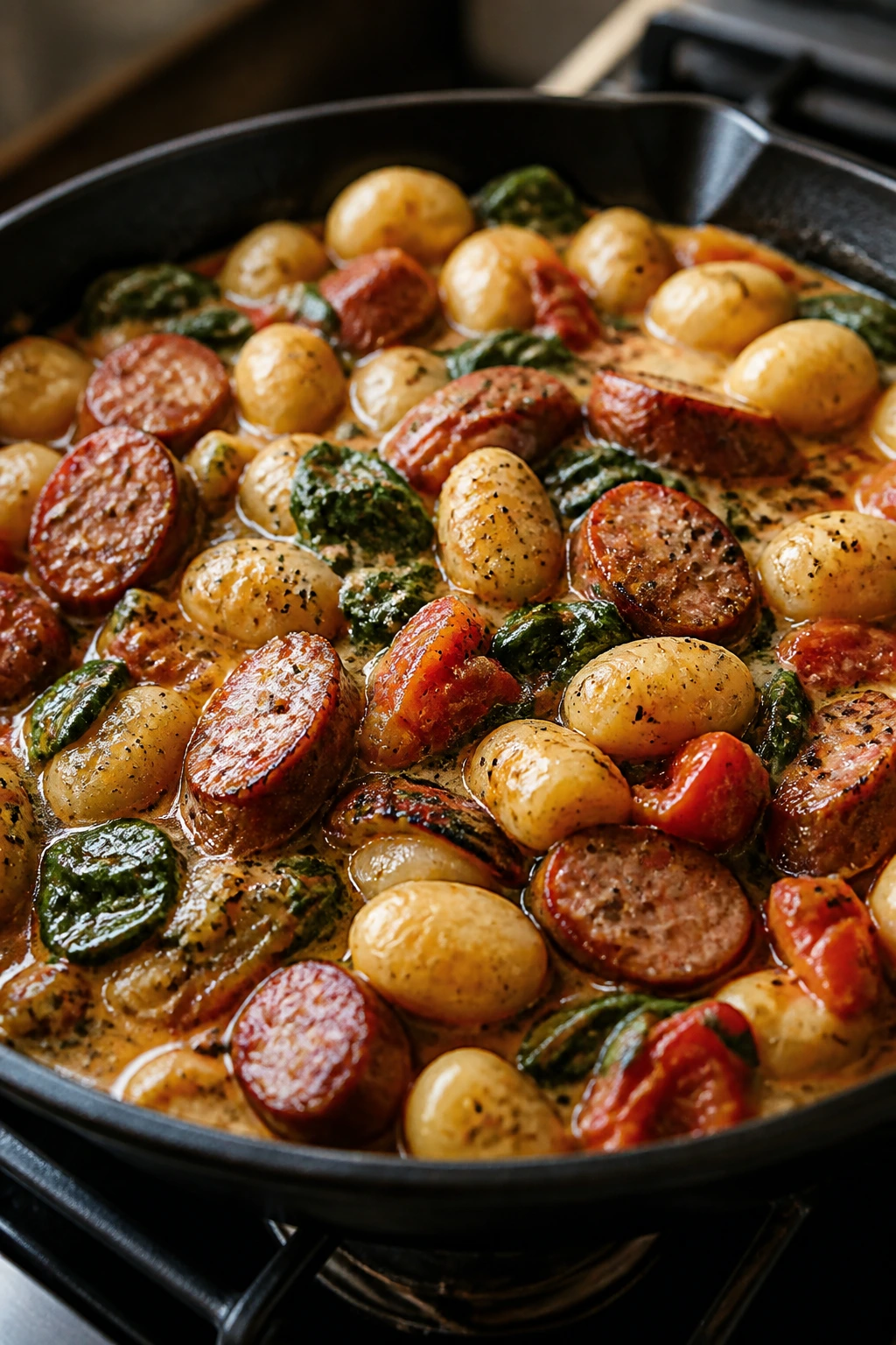 Sizzling gnocchi with sausage, tomatoes, and spinach in a skillet