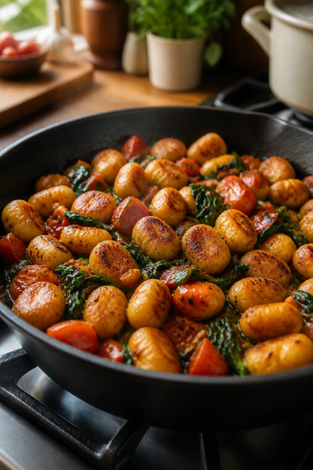 Close-up of crispy gnocchi with tomato and spinach in a skillet.