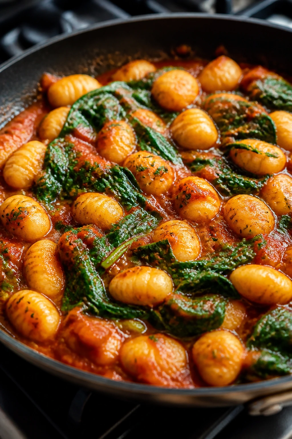 Gnocchi in tomato sauce with spinach in a skillet