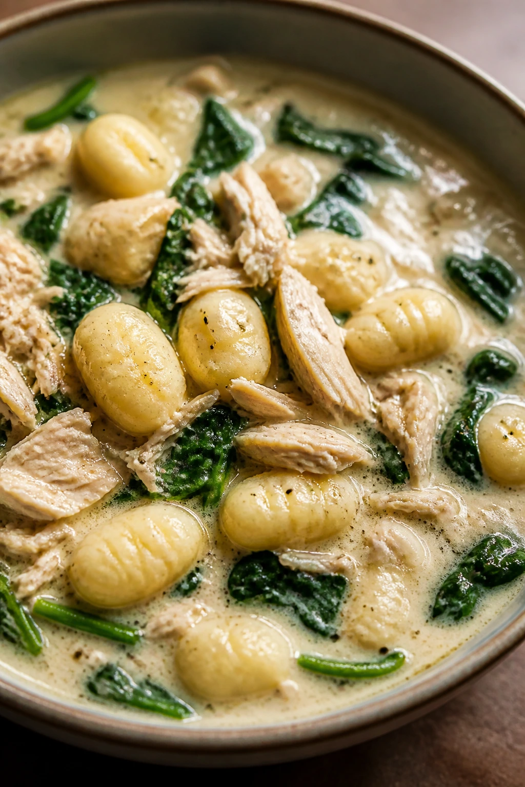 Close-up of gnocchi soup with chicken and spinach in a creamy broth.
