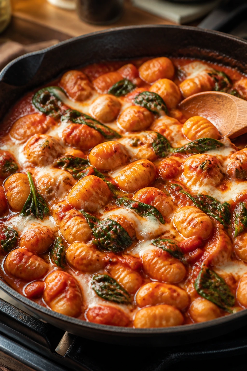 Close-up of gnocchi in marinara with spinach and melted cheese in a skillet