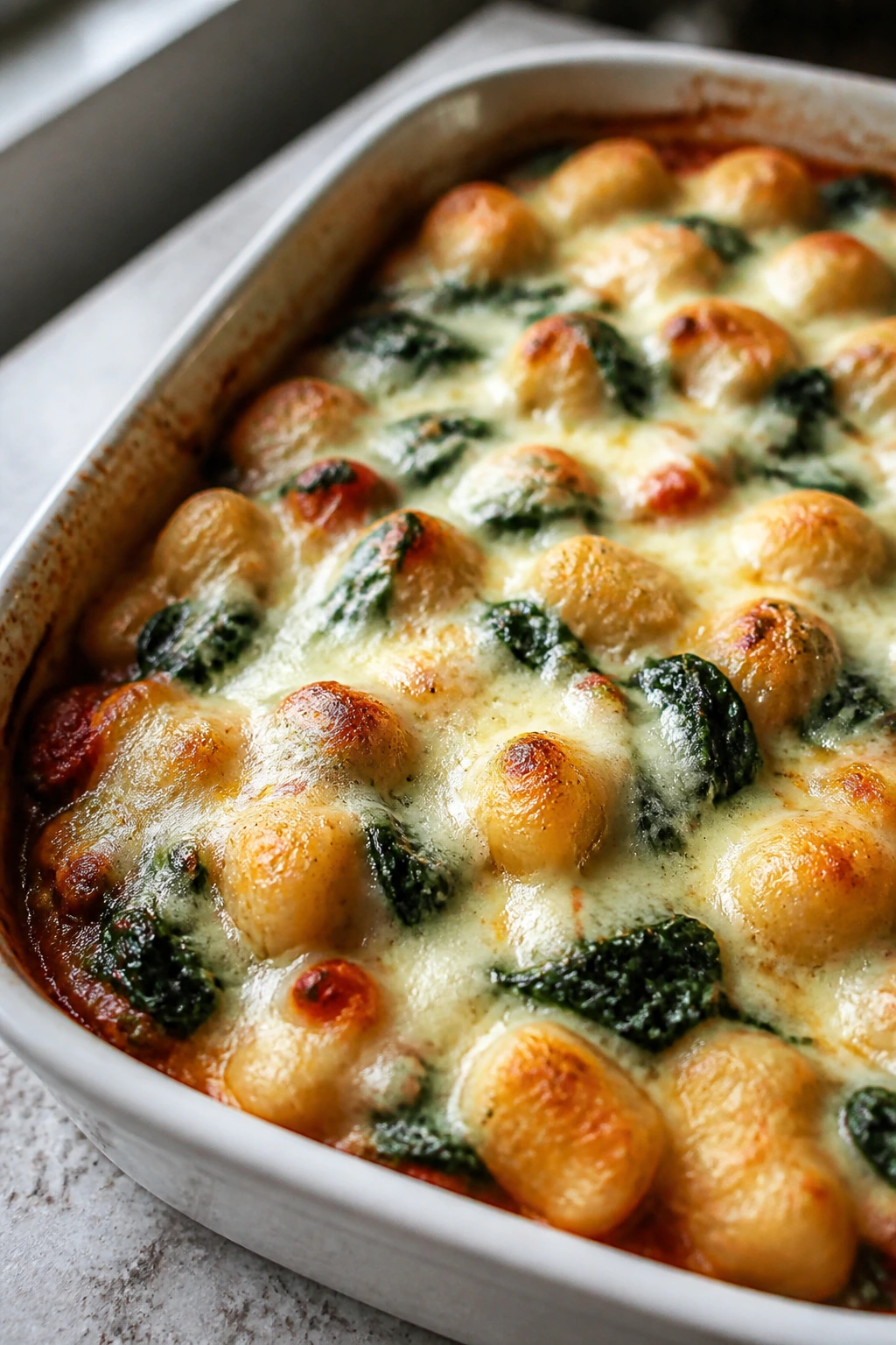 Gnocchi bake with spinach and mozzarella topping