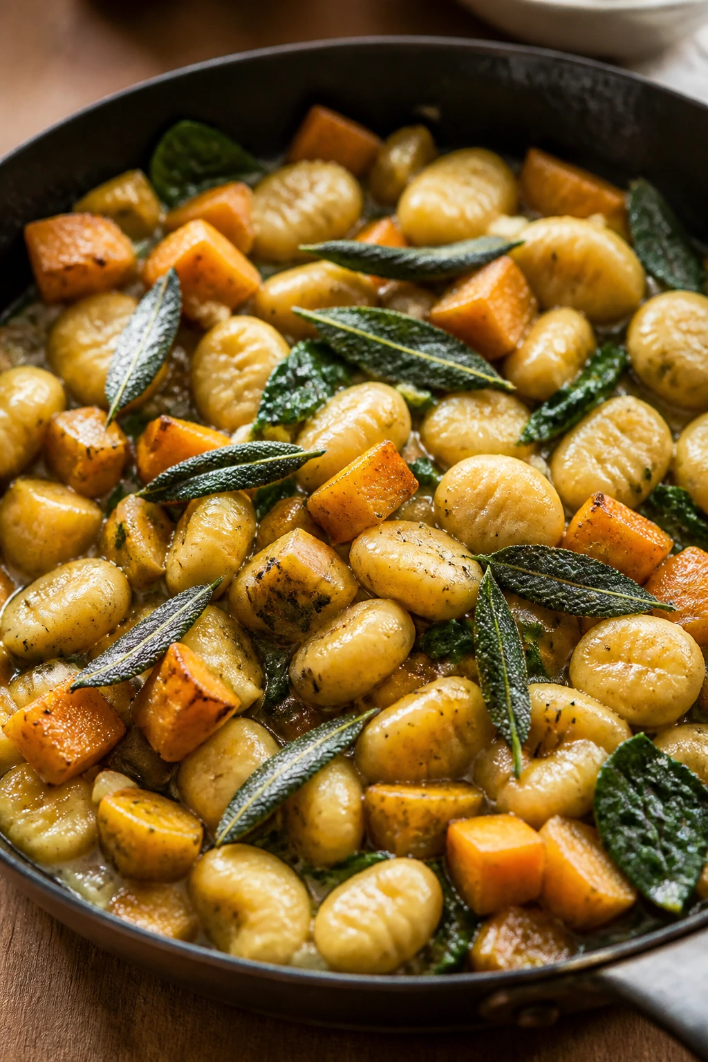 Skillet of butternut squash sage gnocchi.