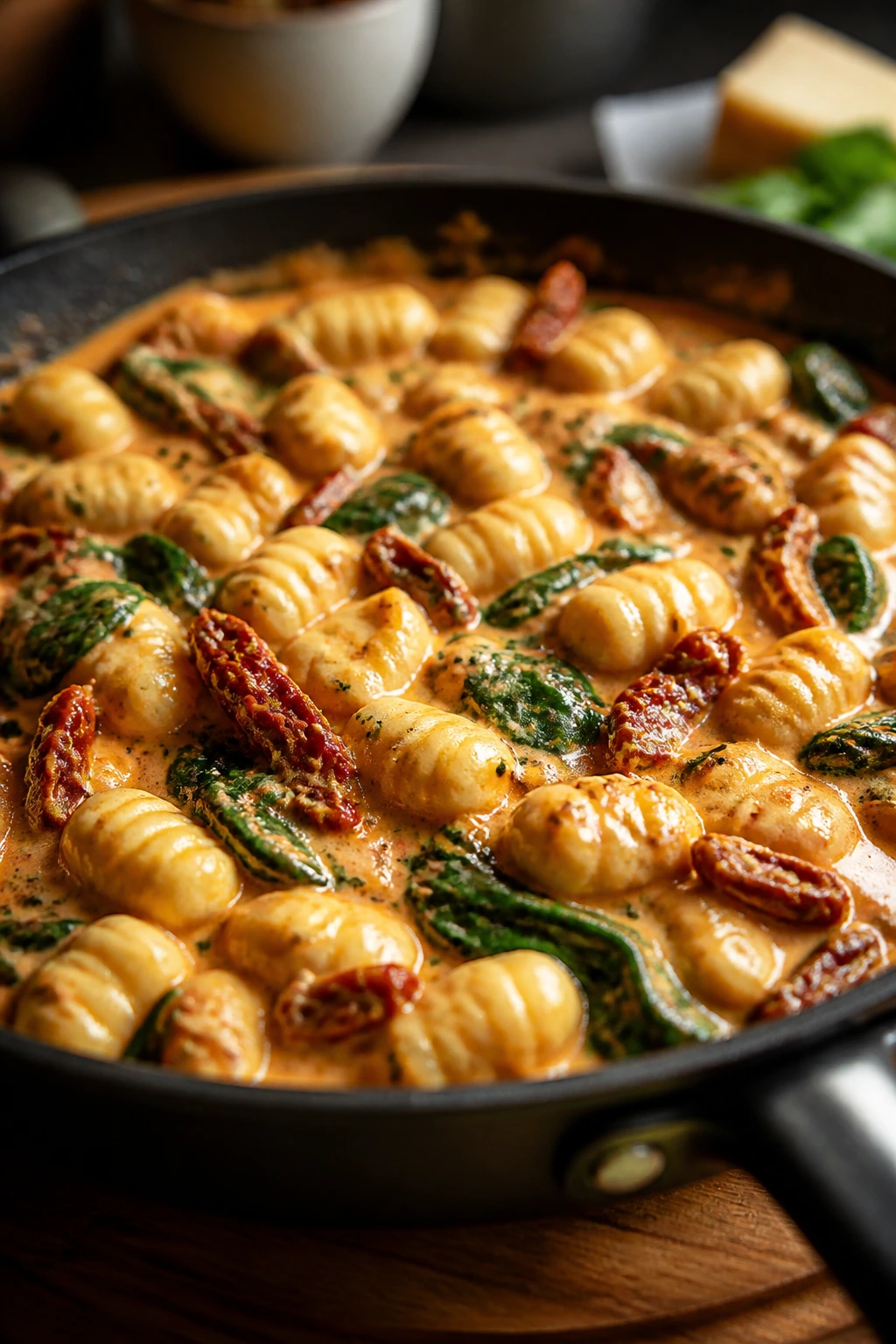 Close-up gnocchi in creamy sun-dried tomato sauce with spinach, ready in minutes.
