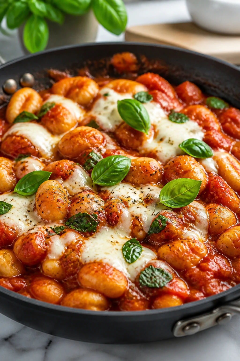 Close-up of Tomato Basil Gnocchi in tomato sauce with mozzarella and basil