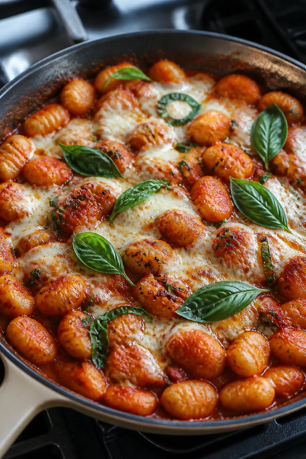 Close-up of gnocchi in tomato basil sauce with mozzarella on a skillet.