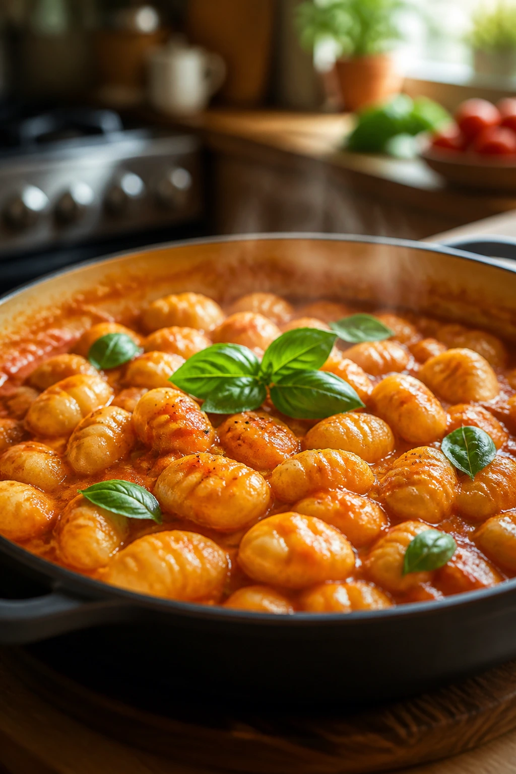 Close-up of gnocchi in tomato butter sauce with basil on skillet
