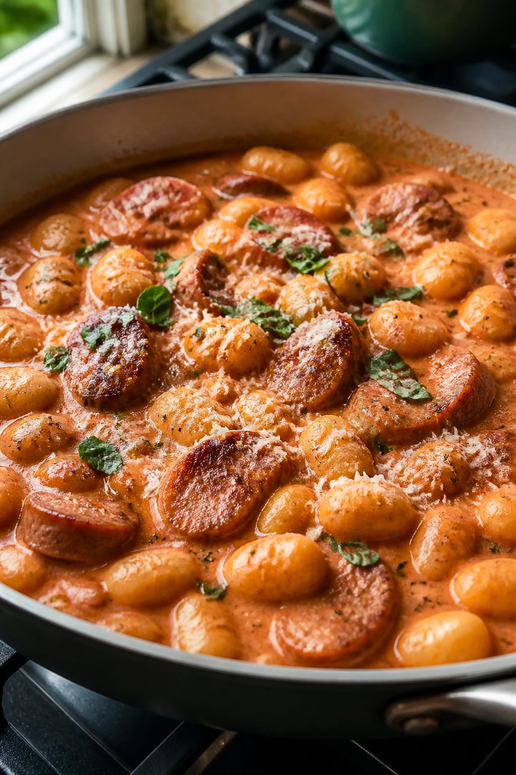 Gnocchi with tomato cream sauce and smoked sausage