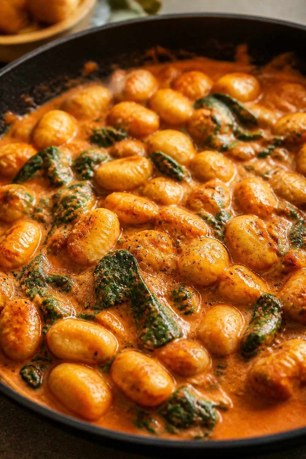 Gnocchi in tomato cream sauce with spinach