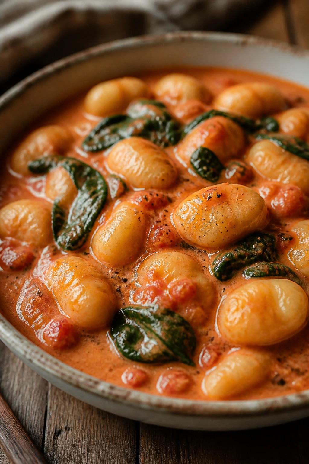 Gnocchi in tomato cream with spinach in a bowl