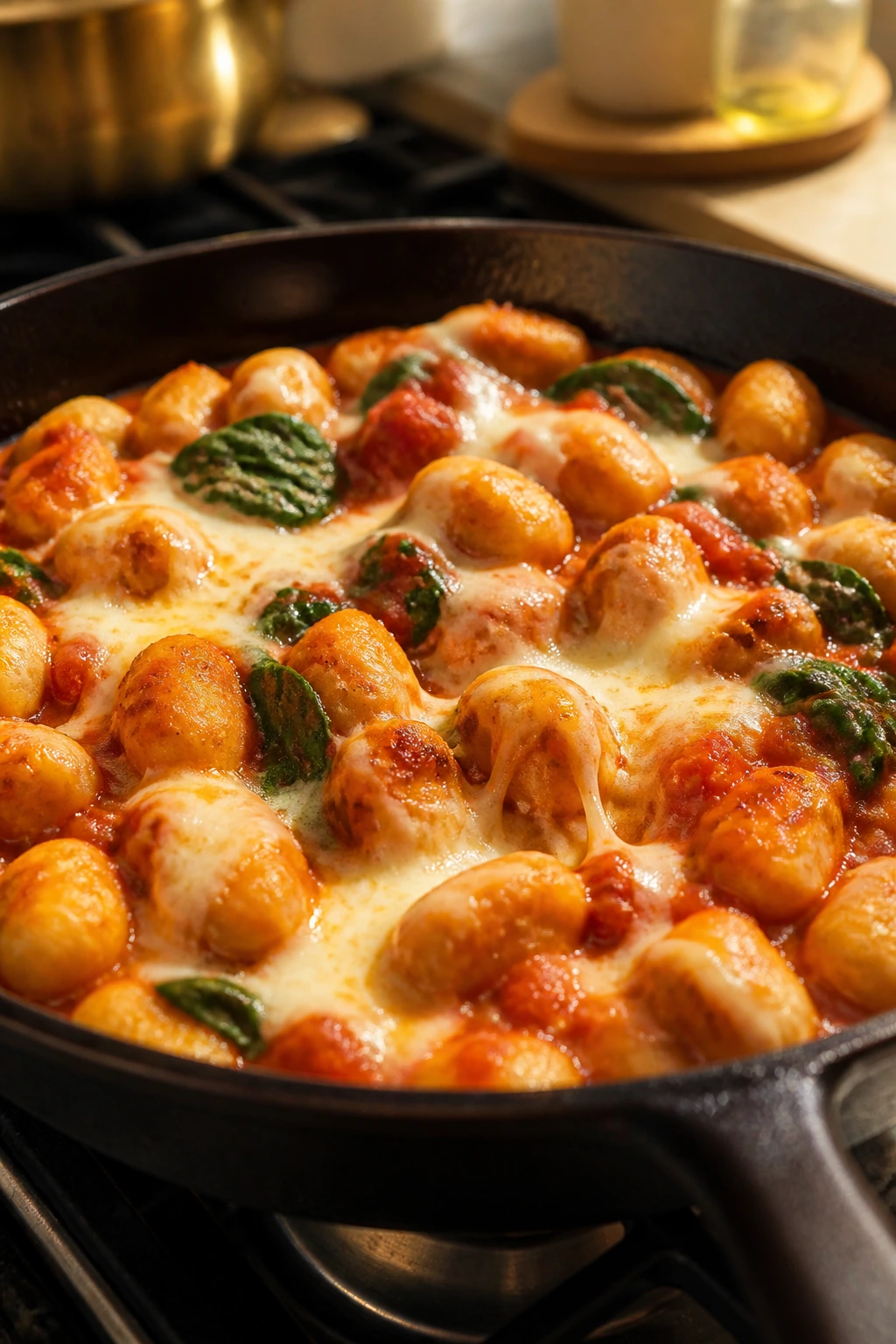 Close-up of gnocchi in skillet with tomato sauce and mozzarella