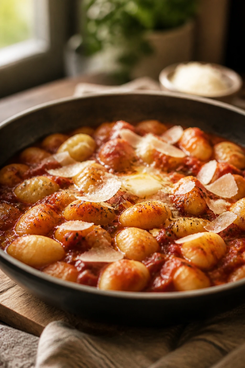 Close-up of shelf-stable gnocchi in tomato sauce with butter and Parmesan