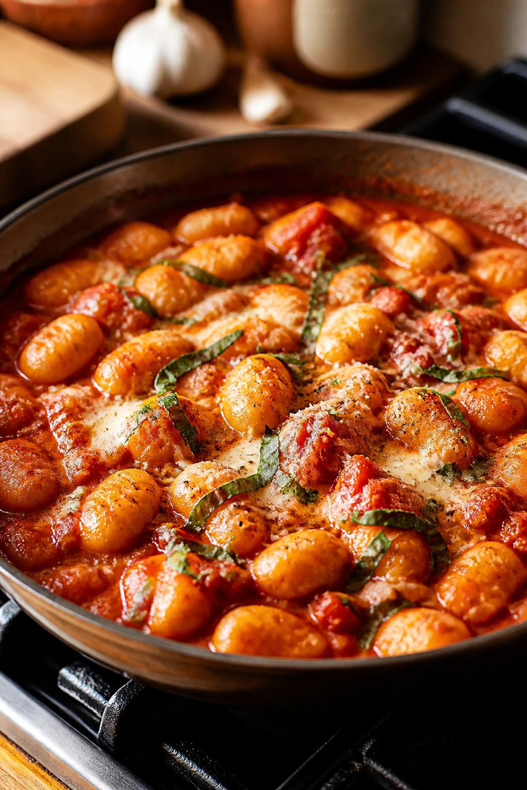 Skillet of gnocchi in tomato sauce with garlic and melted cheese on a stove