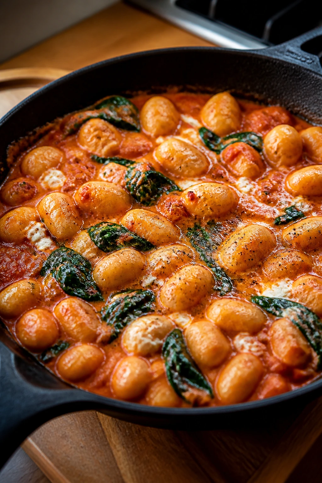 Close-up of gnocchi in tomato sauce with spinach in a cast-iron skillet