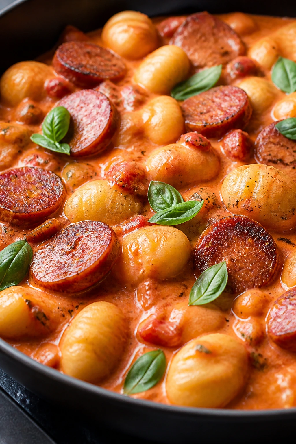 Close-up of gnocchi with smoked sausage in tomato cream sauce