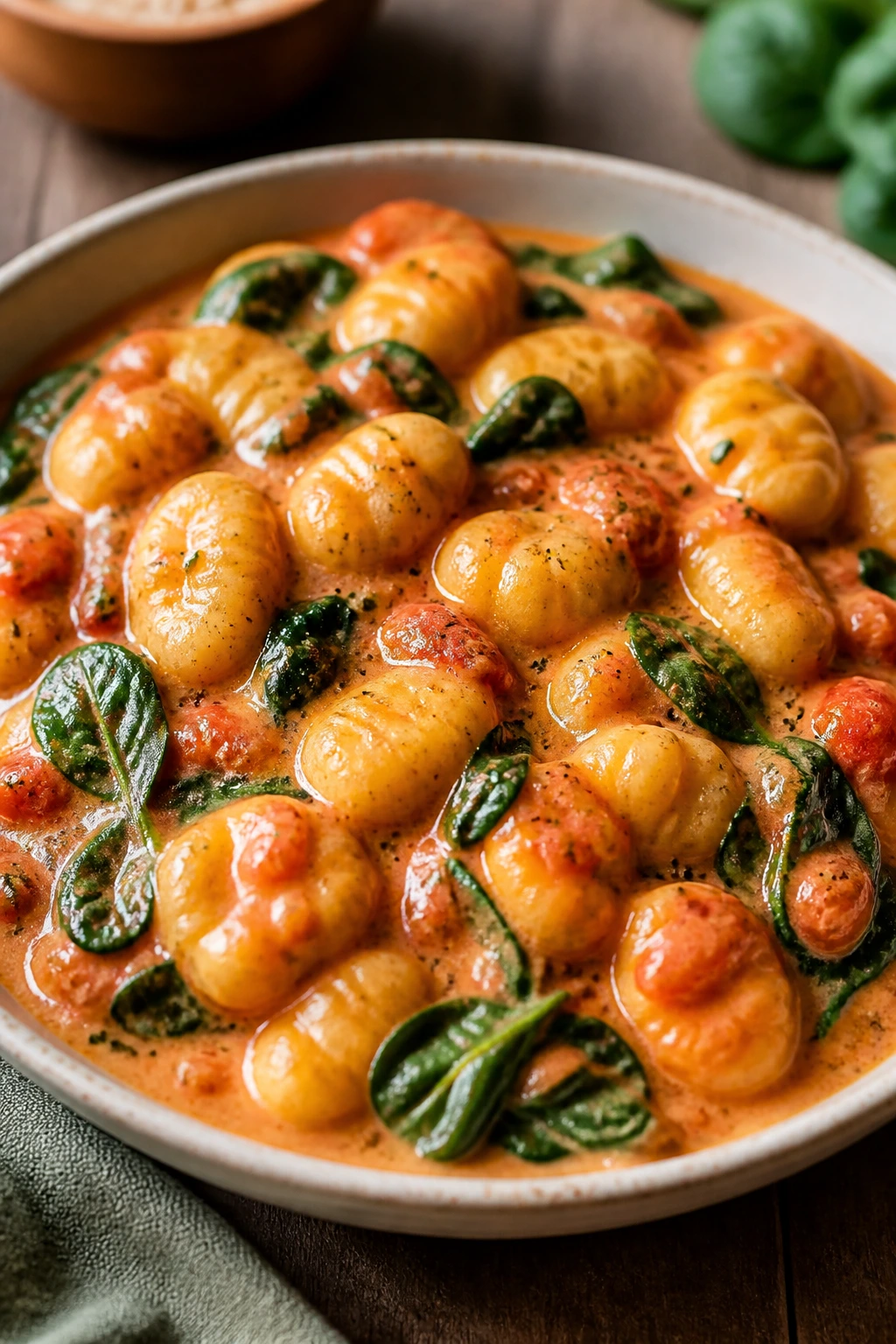 Close-up of creamy tomato gnocchi with spinach in a bowl
