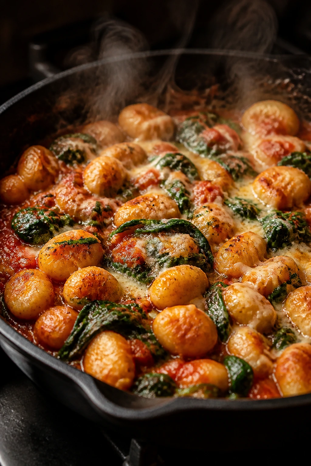 Skillet gnocchi with tomato and spinach in a skillet, steaming.