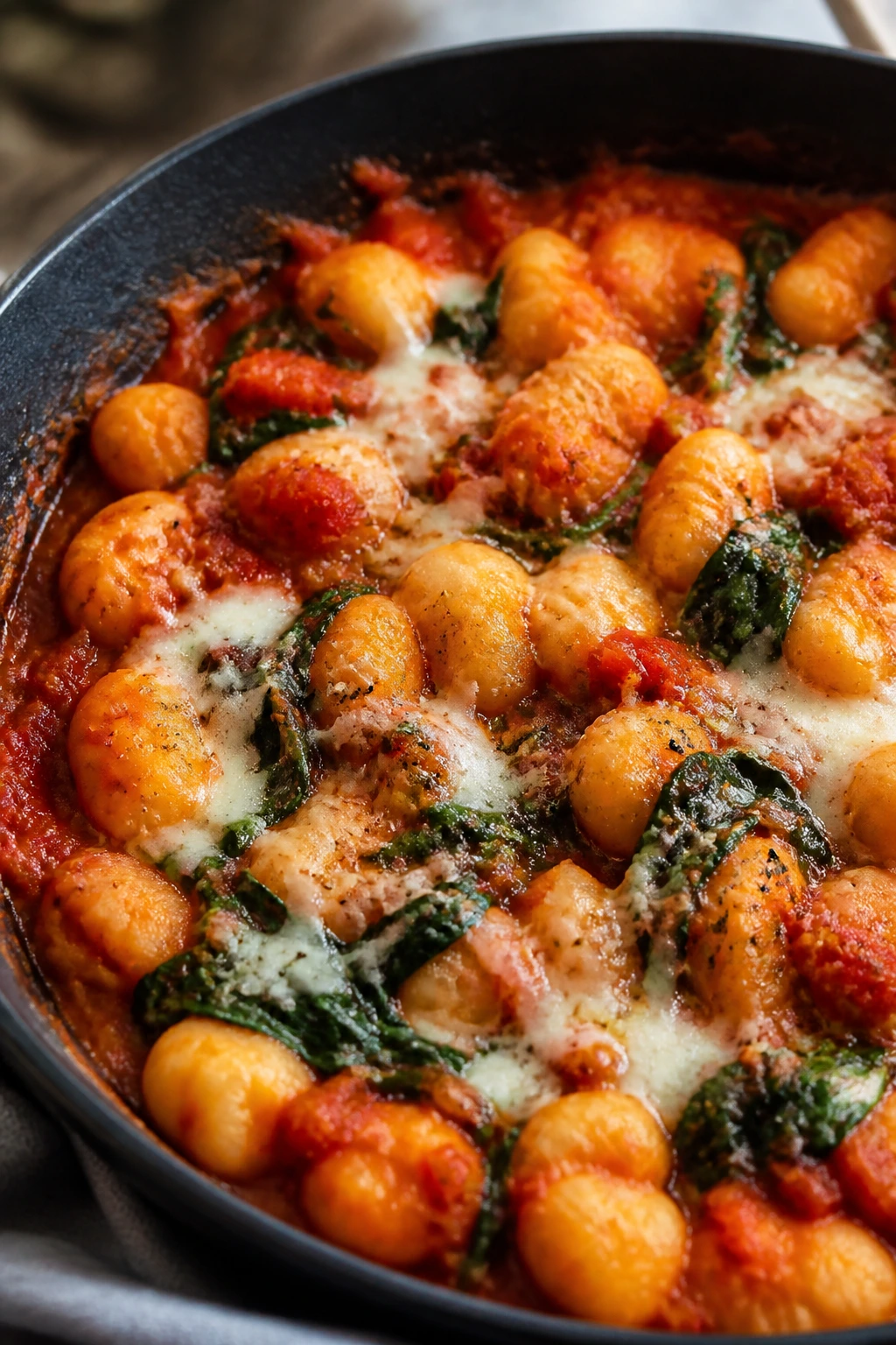 Skillet gnocchi with tomato sauce and spinach