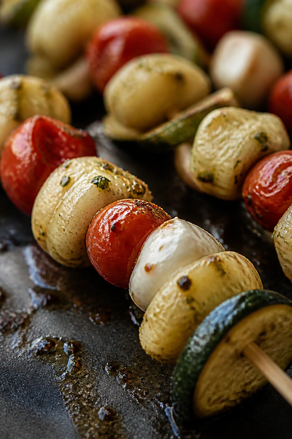 Close-up of gnocchi, tomato, and mozzarella skewers with pesto glaze on a grill