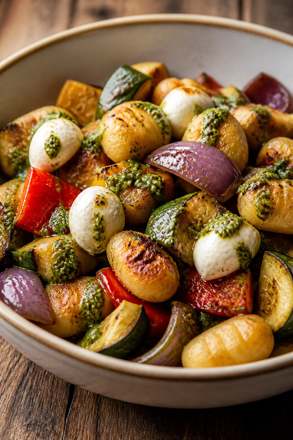 Roasted veggie gnocchi bowl with pesto and mozzarella