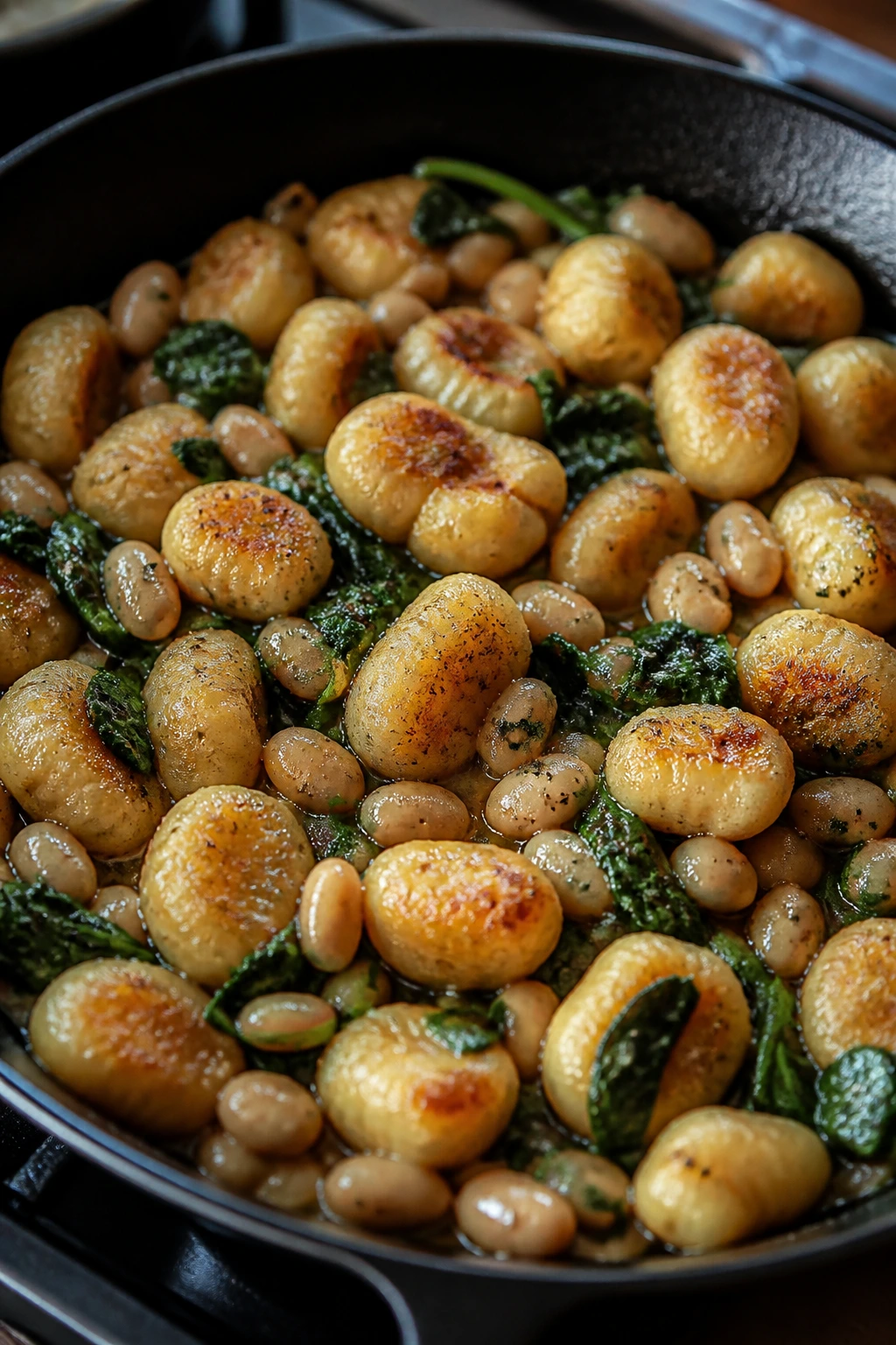 Close-up of browned butter gnocchi with white beans and spinach in a skillet