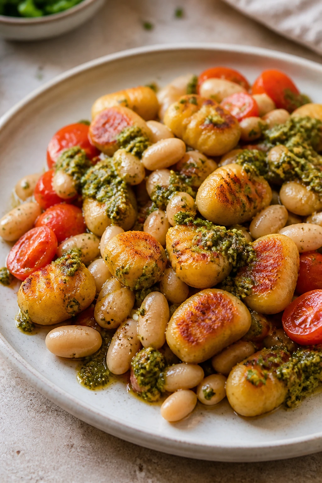 Crispy gnocchi with white beans and pesto on a plate