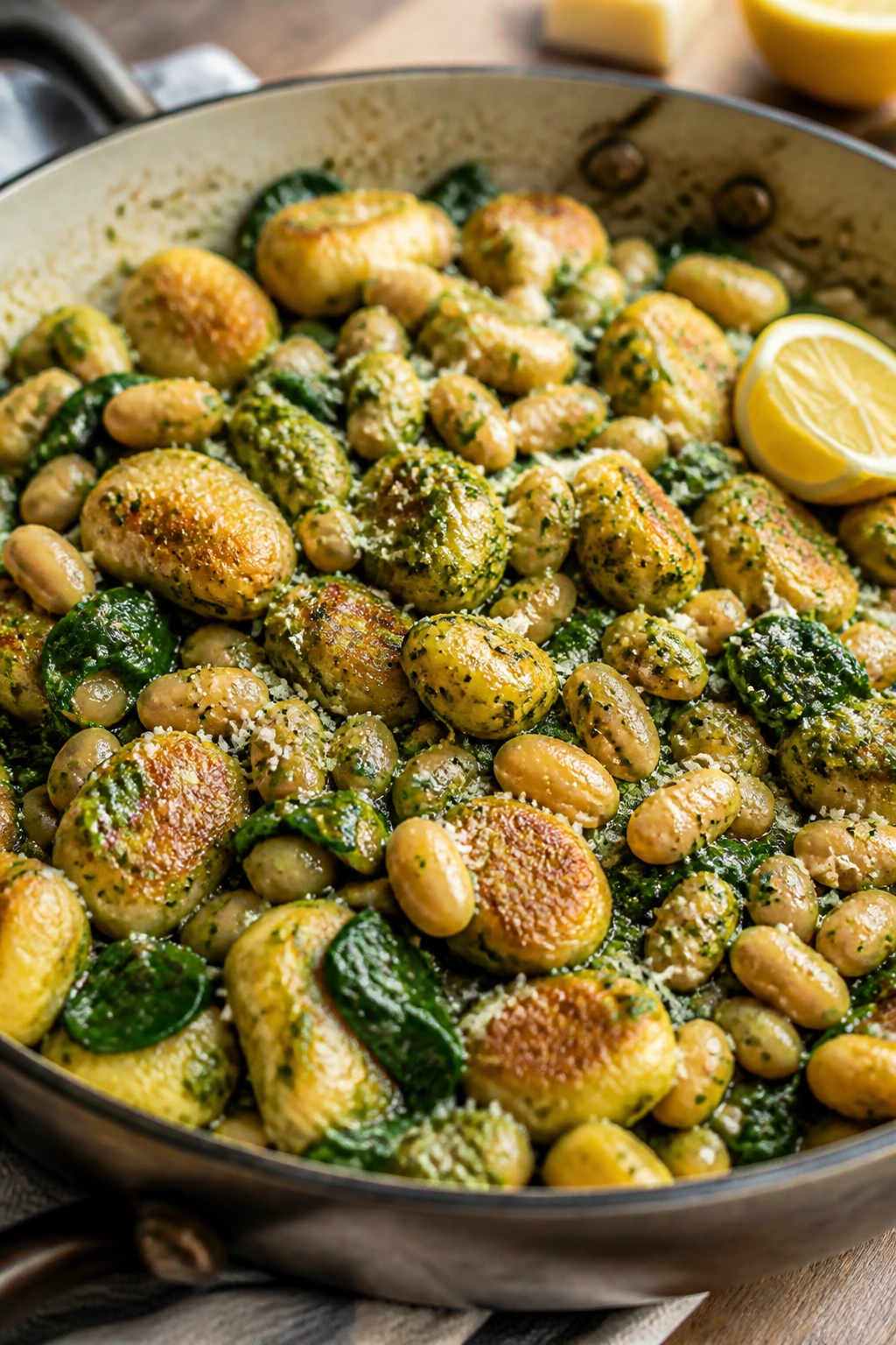 Gnocchi with white beans and pesto in a skillet
