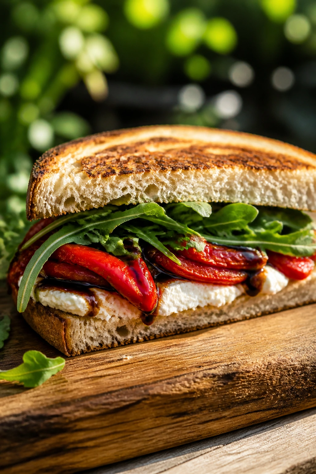 Close-up of Roasted Pepper, Goat Cheese, and Arugula Sandwich with peppers, goat cheese, and arugula on sourdough.