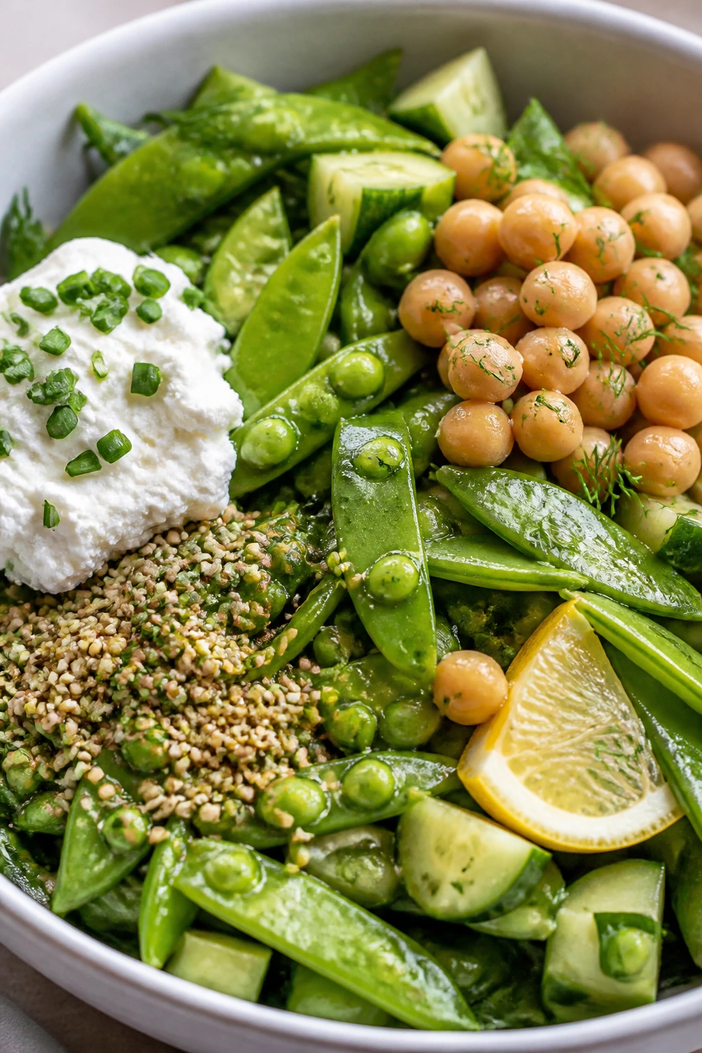 Bowl of snap pea salad with goat cheese, chickpeas, and sesame toppings