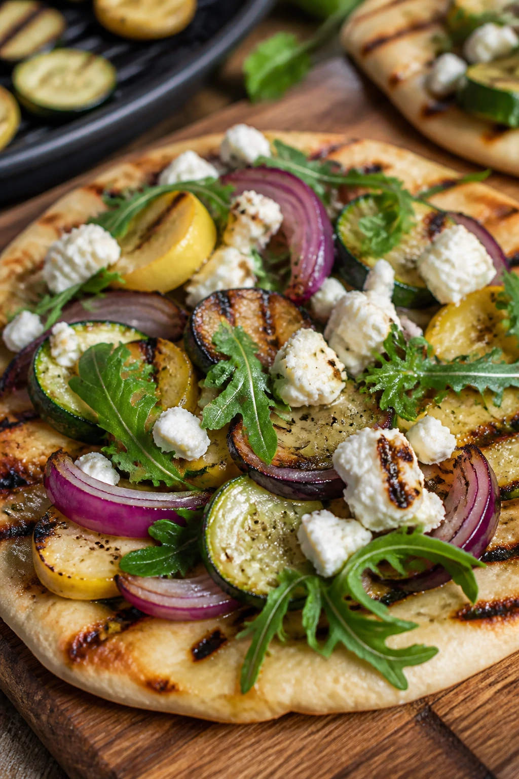 Flatbread with grilled vegetables and goat cheese outdoor
