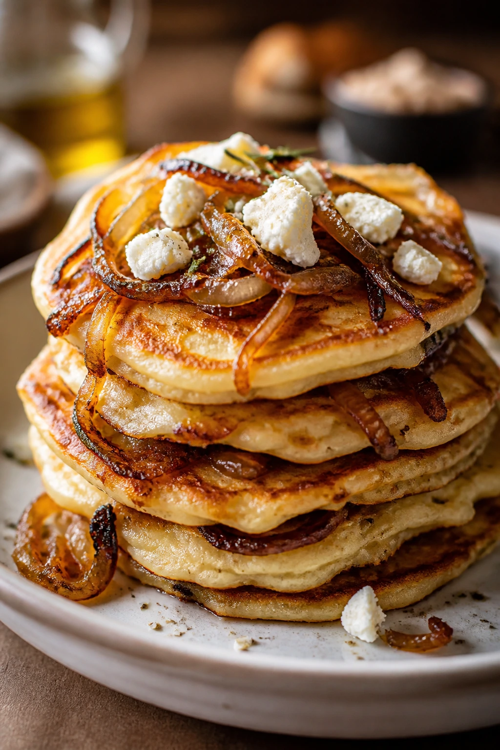 Close-up of caramelized onion goat cheese pancakes with onions and goat cheese on top.