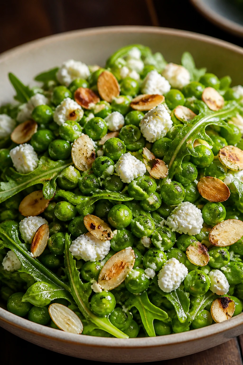 Close-up of Goat Cheese Pea Salad with Almonds and Arugula showing arugula, goat cheese, and almonds.