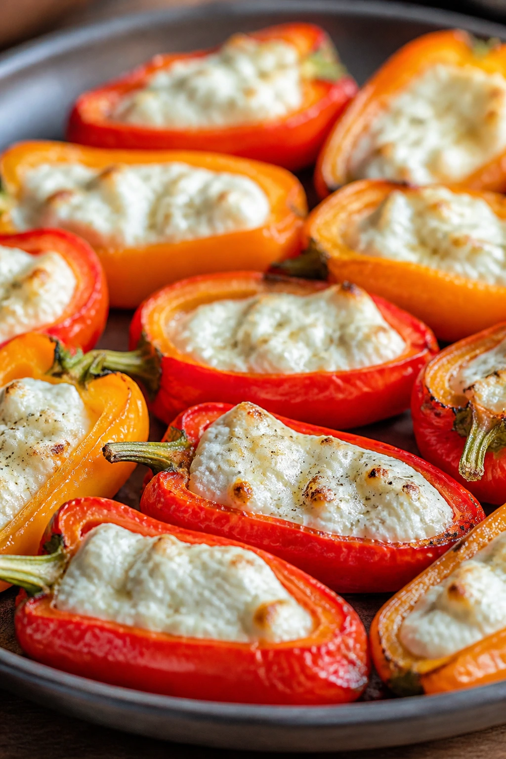 Close up of stuffed mini peppers with goat cheese in a bright kitchen