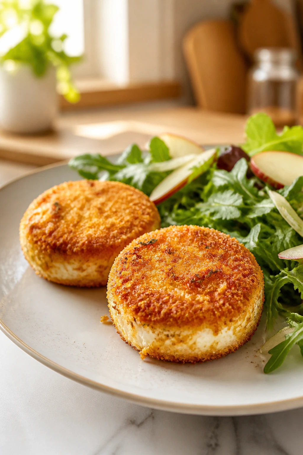 Two crisp breaded goat cheese rounds on a white plate.