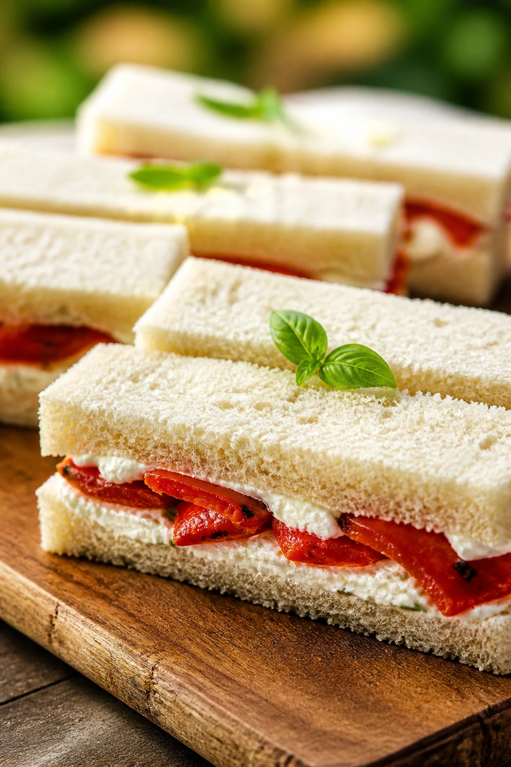 Close-up of goat cheese and roasted red pepper finger sandwiches on a wooden board at a sunny picnic