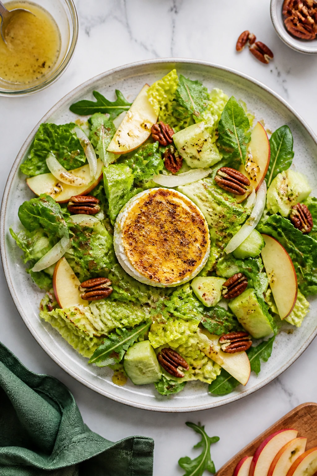 Top-down view of Crisp Goat Cheese Salad plated with crispy goat cheese and fresh greens with dressing