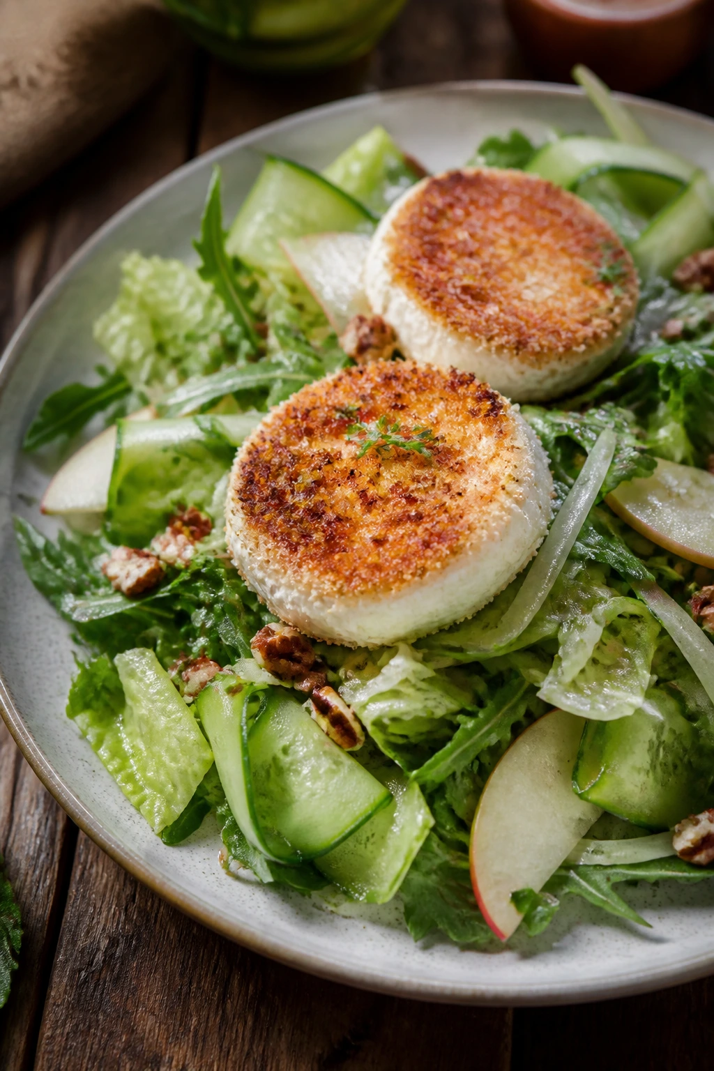Close-up of crisp goat cheese rounds on a vibrant greens salad with fennel, apple, cucumber and pecans