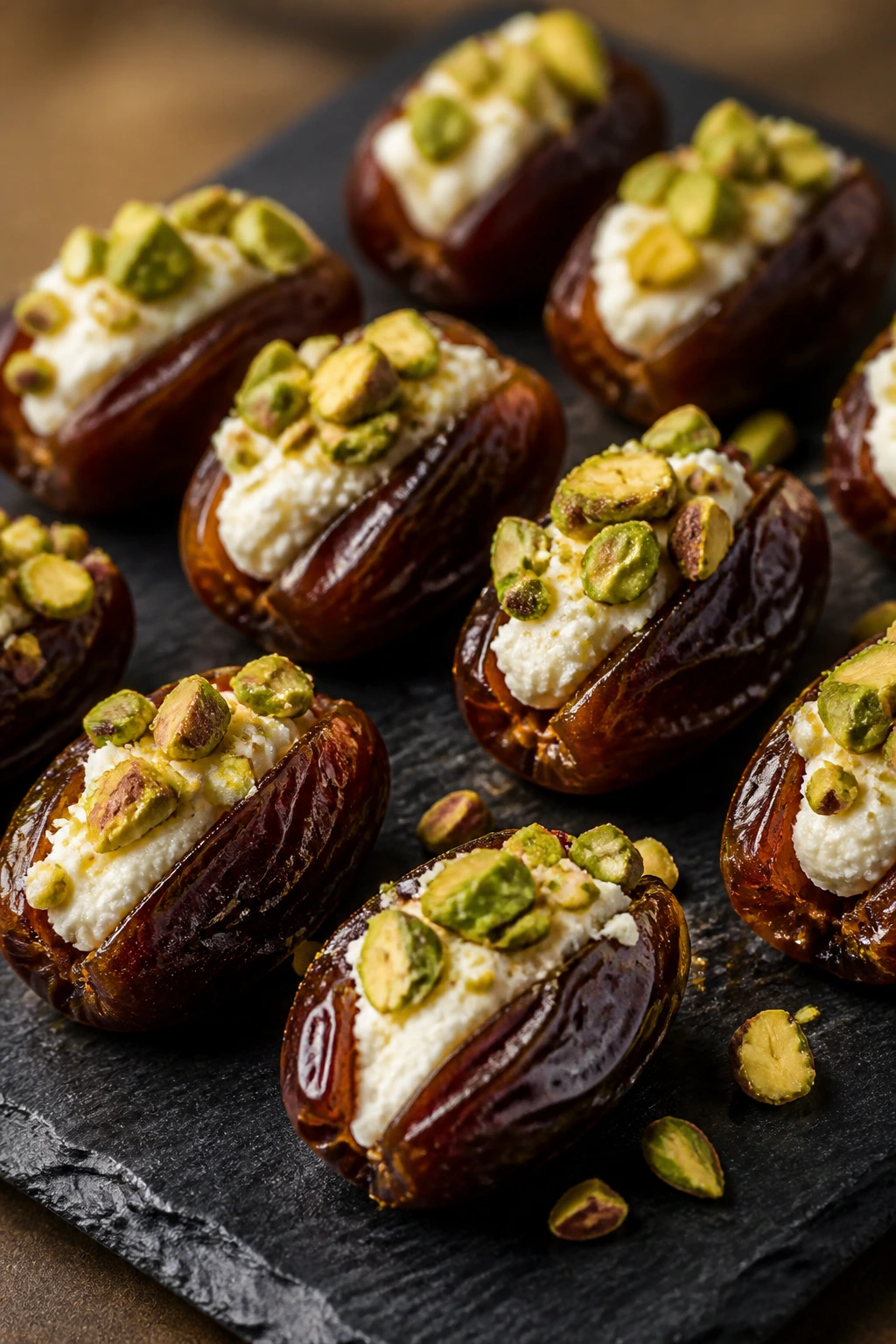 Goat cheese stuffed dates with pistachios