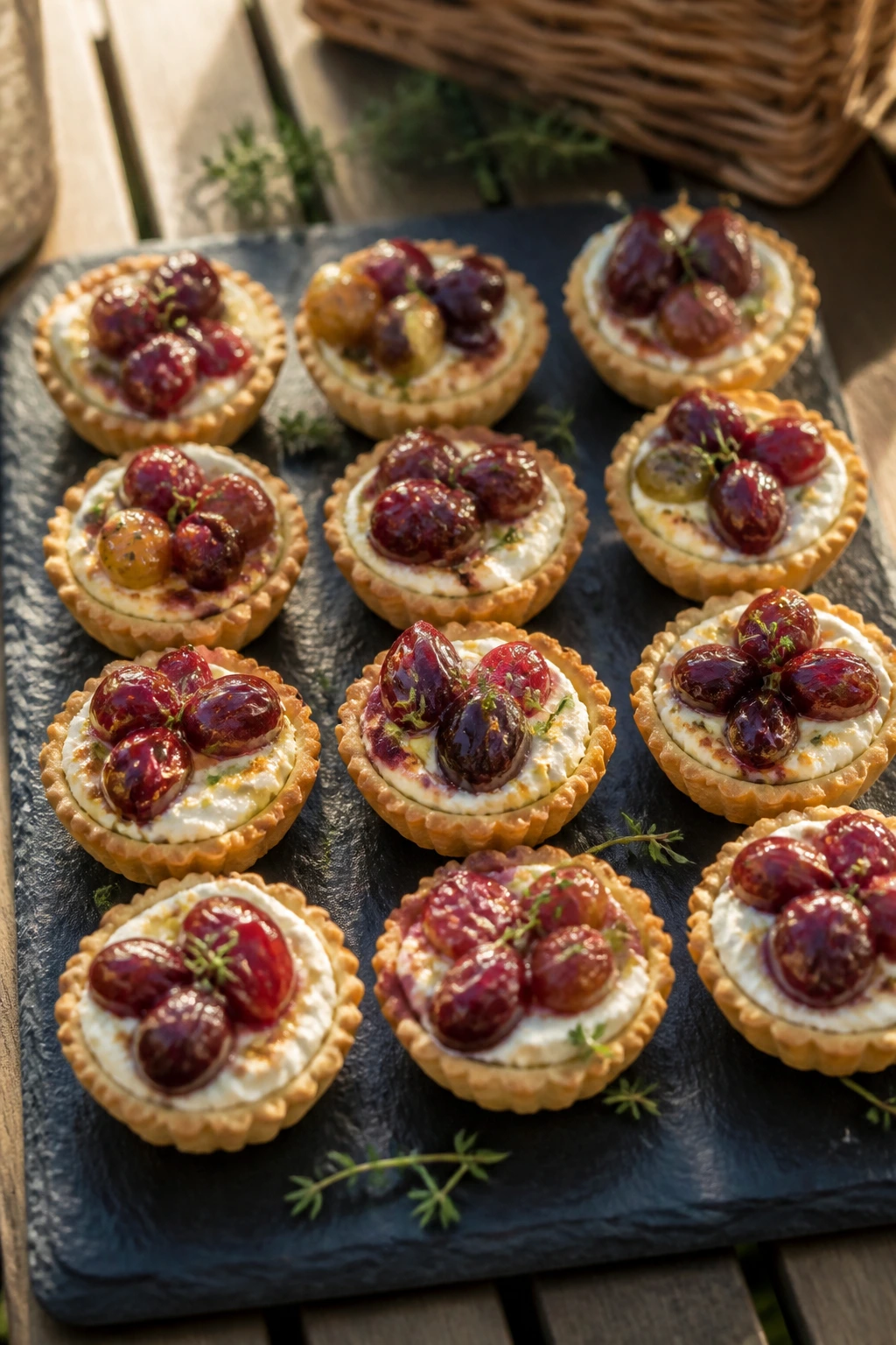 Close-up of goat cheese tartlets with roasted grapes on a slate tray