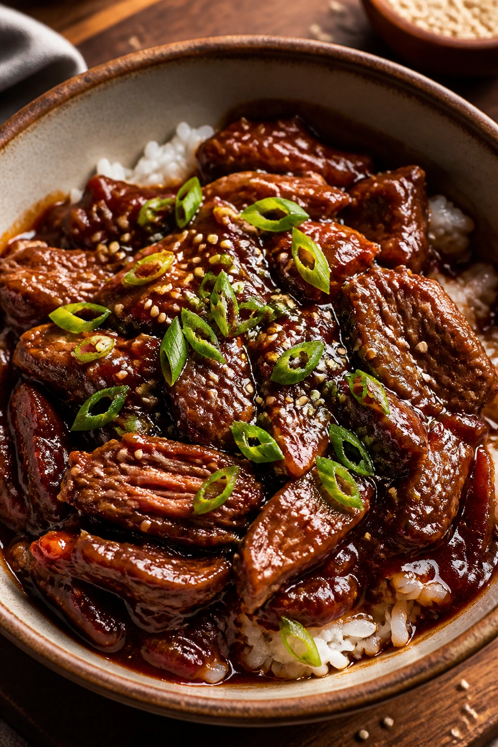 Korean gochujang beef bowl with sesame seeds in a glossy red sauce