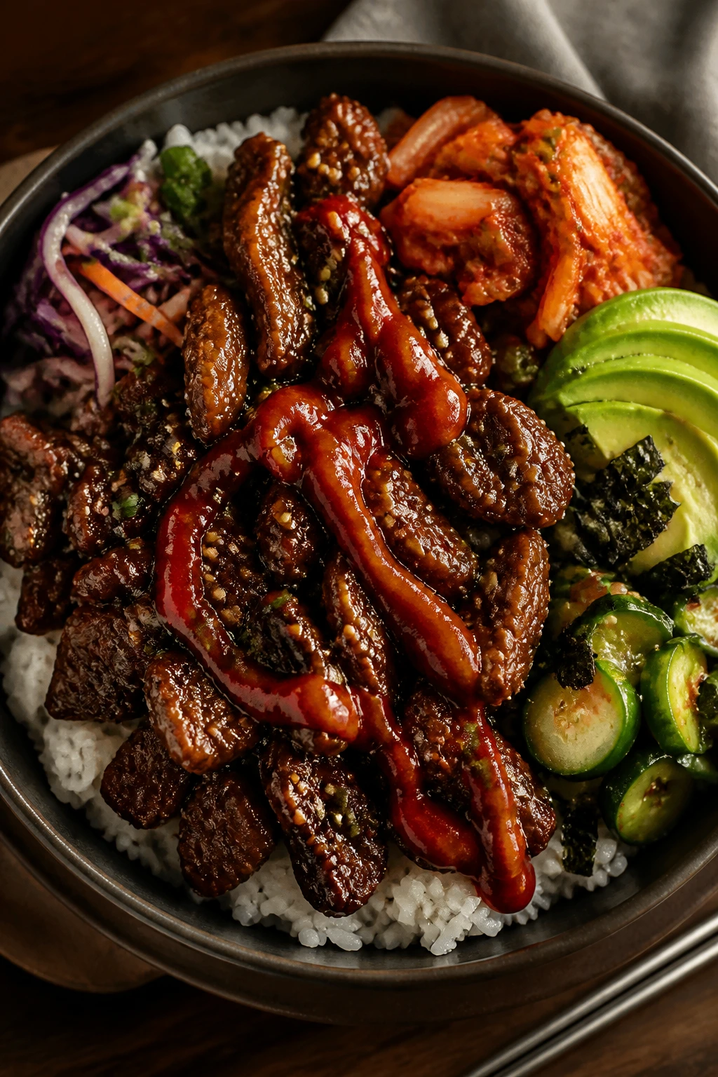 Beef bowl with gochujang swirl and toppings suggesting flavor variations