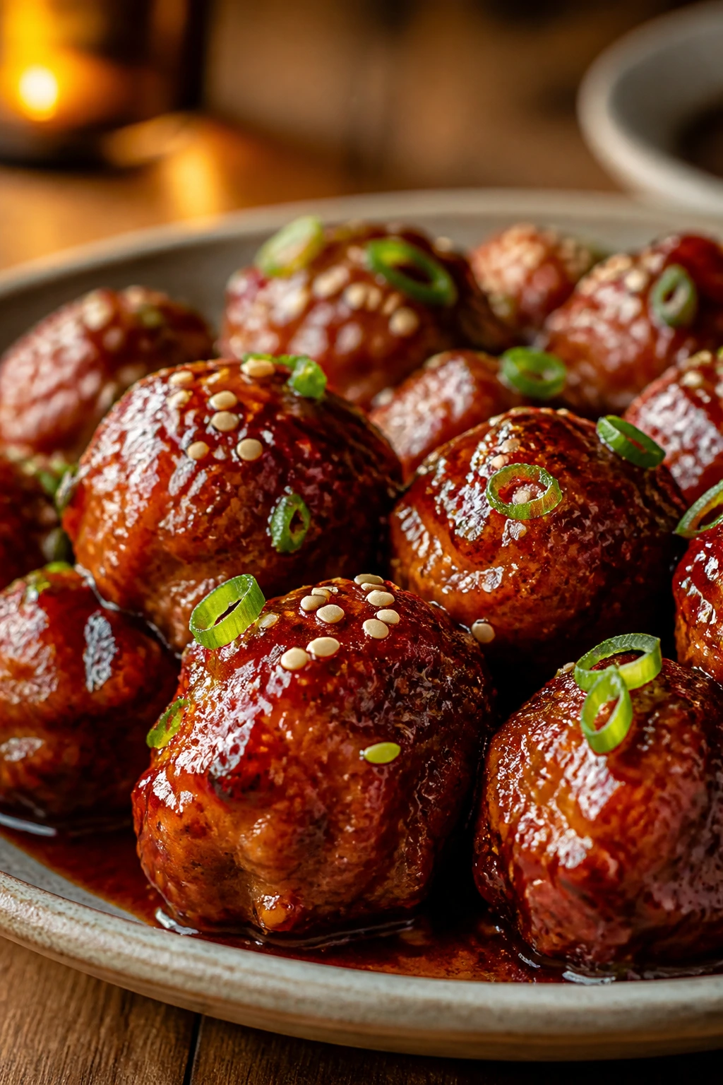 Close-up of Korean gochujang meatballs with sesame and scallions on a wooden table