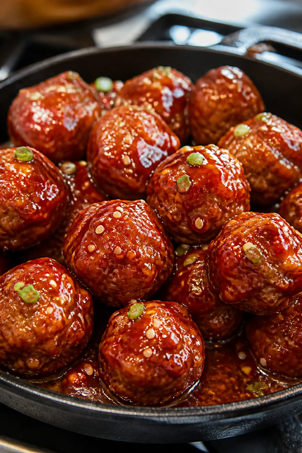 Close-up Korean Gochujang Meatballs with sesame seeds