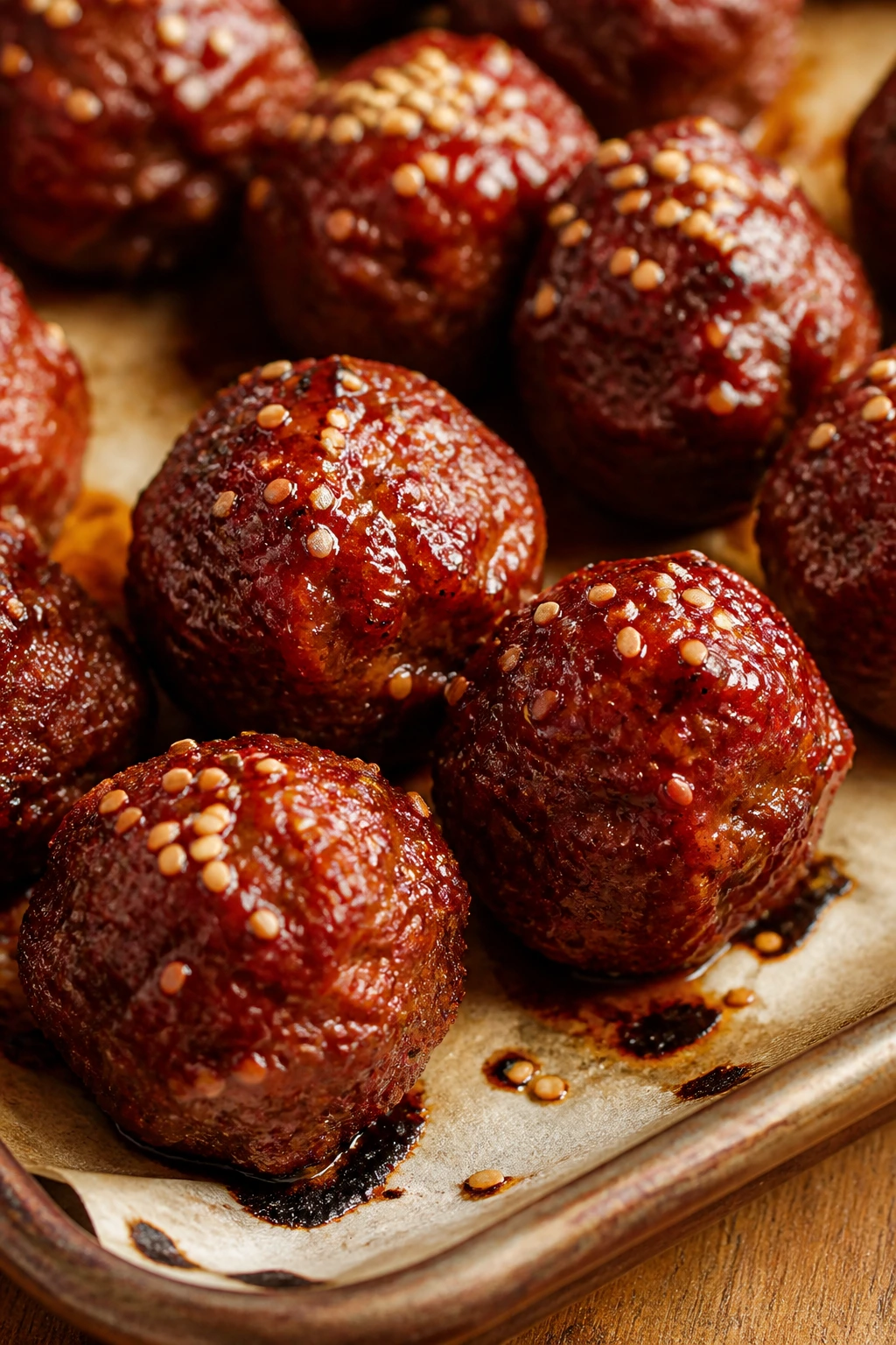 Gochujang glazed beef meatballs with sesame on a plate in a warm kitchen