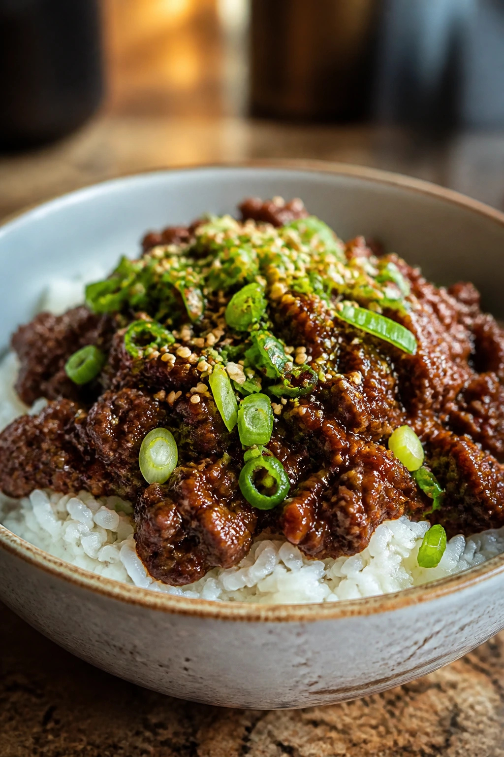 Beef with gochujang glaze over rice, sesame seeds on top